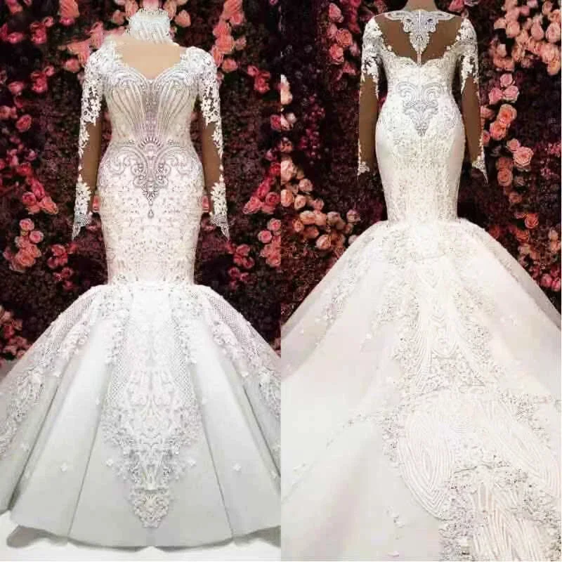 Africa Luxury White Mermaid Wedding Dress Plus Size New Arrival Arabic Crystals Beading Long Sleeve Lace Wedding Gowns
Africa Luxury White Mermaid Wedding Dress Plus Size New Arrival Arabic Crystals Beading Long Sleeve Lace Wedding Gowns