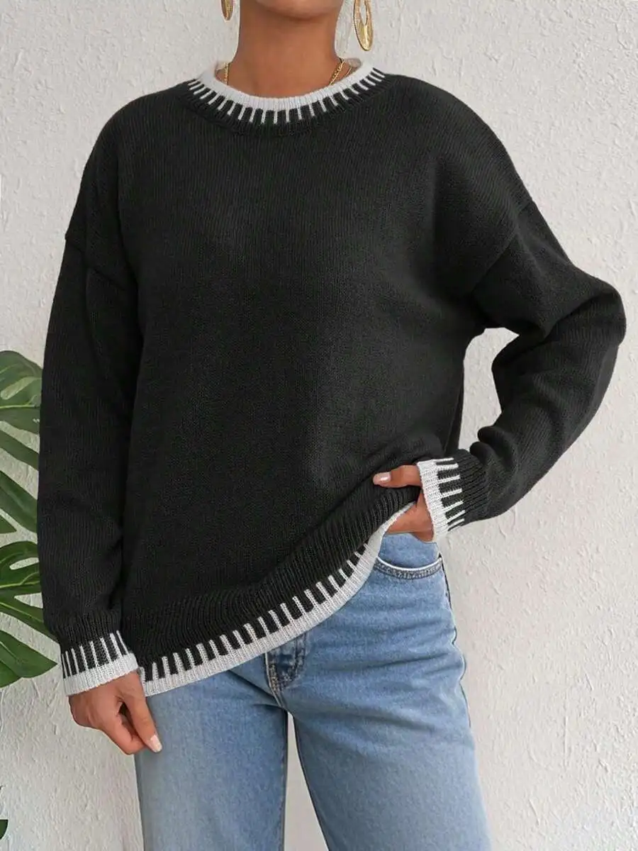 Loose Knit Sweater With Contrast Trim Women Casual Pullover
Loose Knit Sweater With Contrast Trim Women Casual Pullover