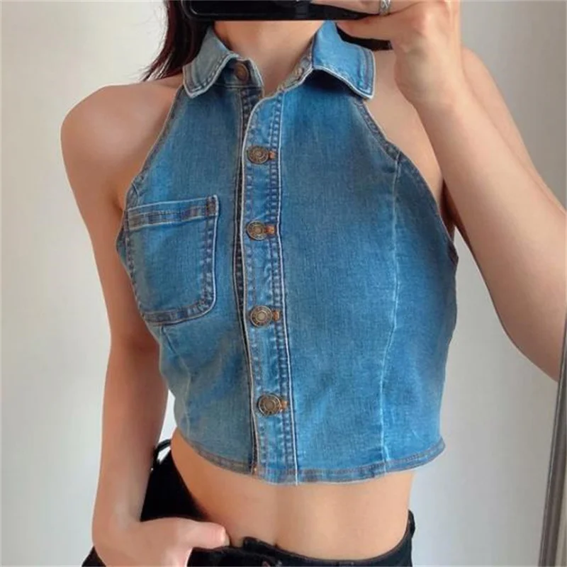 Women's summer blouse new solid color bottoming shirt denim halter vest top women
Women's summer blouse new solid color bottoming shirt denim halter vest top women