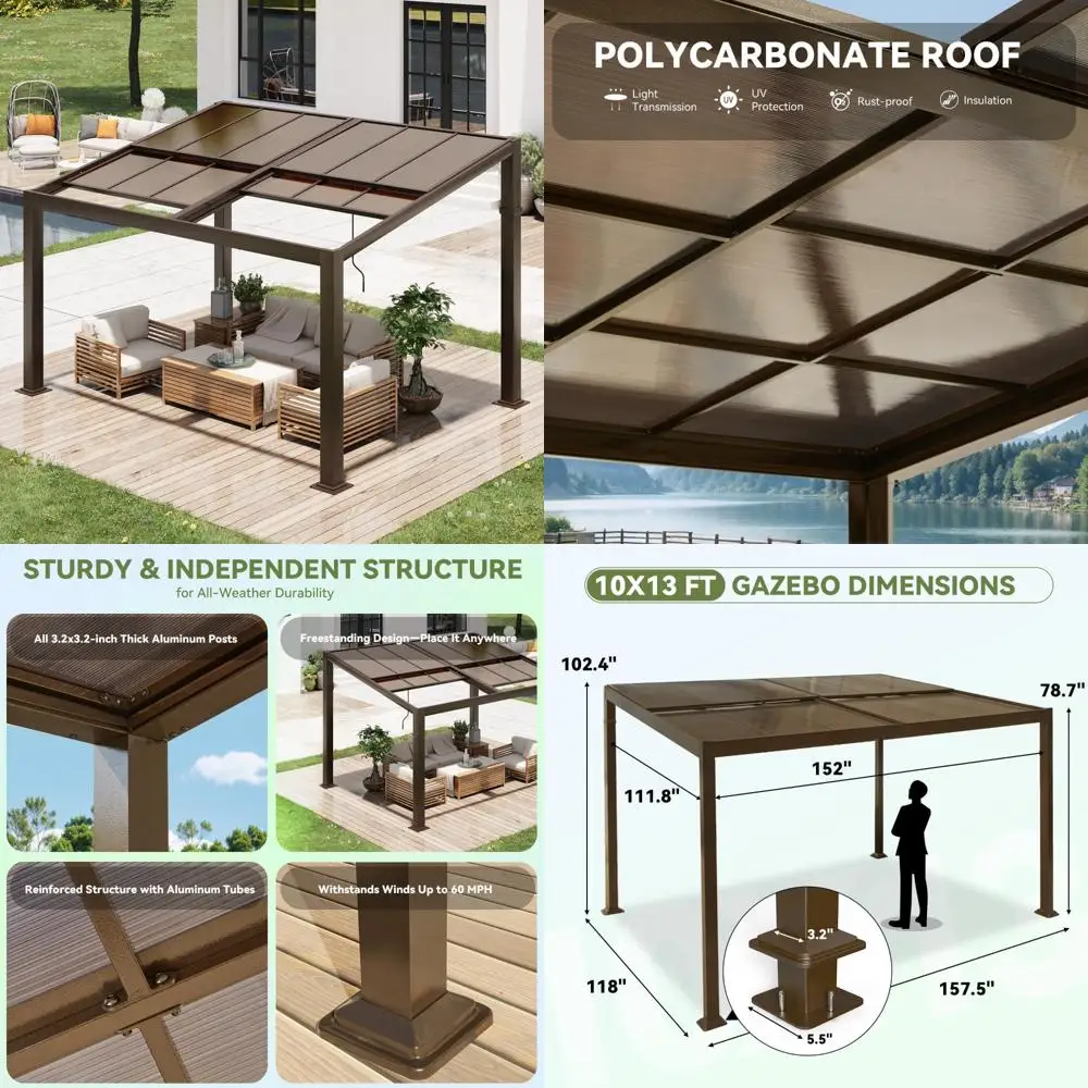 "10x13 Foot Adjustable Roof Gazebo with Aluminum Frame for Outdoor Patio Shelter"
"10x13 Foot Adjustable Roof Gazebo with Aluminum Frame for Outdoor Patio Shelter"