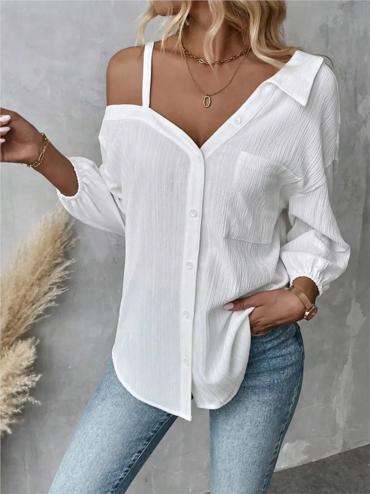 White Top Shirt New For Women Fashion Elegant Casual Button Off Shoulder Three Quarter Solid Tops Shirts Summer Womens Clothing
White Top Shirt New For Women Fashion Elegant Casual Button Off Shoulder Three Quarter Solid Tops Shirts Summer Womens Clothing