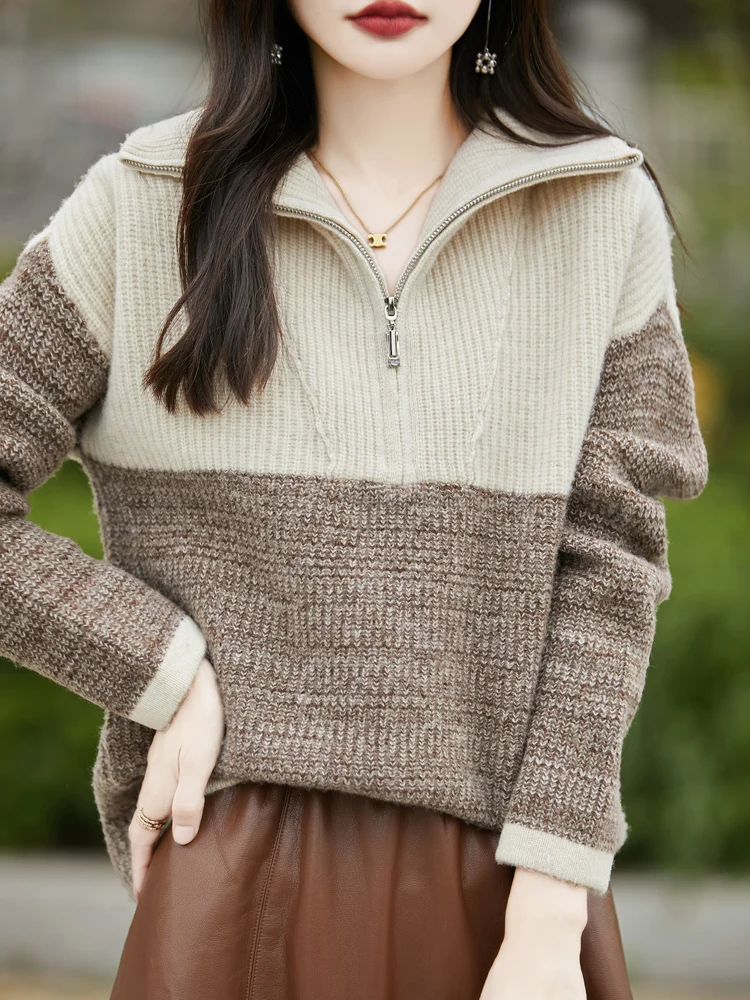 Lapel 100% Pure Wool Sweater Autumn Winter Women's Fashion Versatile Half Zipper Color Contrast Splicing Cashmere Knitted Tops
Lapel 100% Pure Wool Sweater Autumn Winter Women's Fashion Versatile Half Zipper Color Contrast Splicing Cashmere Knitted Tops