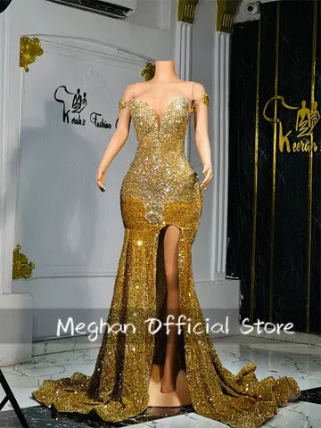 Shining Sequin Gold Off Shoulder Diamonds Prom Dresses 2025 For Black Girls Slit Luxury Crystals Wedding Party Gown Customized