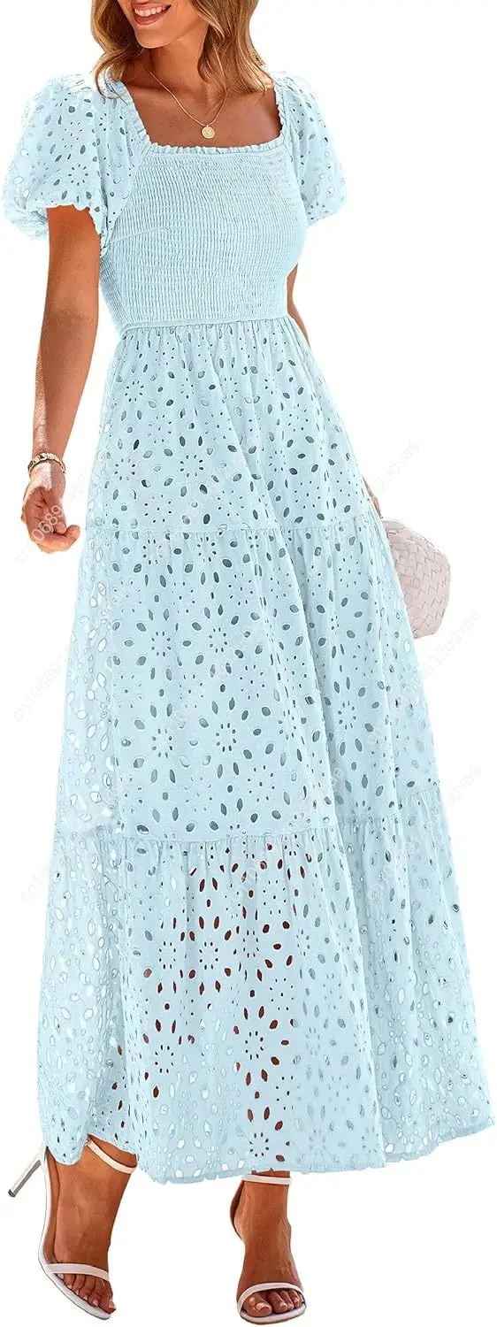 Summer Dresses for Women 2025 Eyelet Square Neck Puff Sleeve Smocked Wedding Guest Maxi Dress with Pockets
Summer Dresses for Women 2025 Eyelet Square Neck Puff Sleeve Smocked Wedding Guest Maxi Dress with Pockets