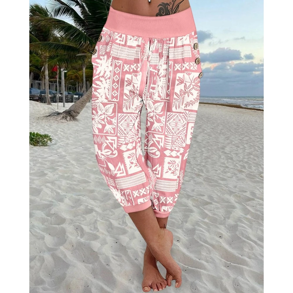 Tribal Plants Print Low Waist Button Decor Capris Pants Vacation Pants with Pocket
Tribal Plants Print Low Waist Button Decor Capris Pants Vacation Pants with Pocket