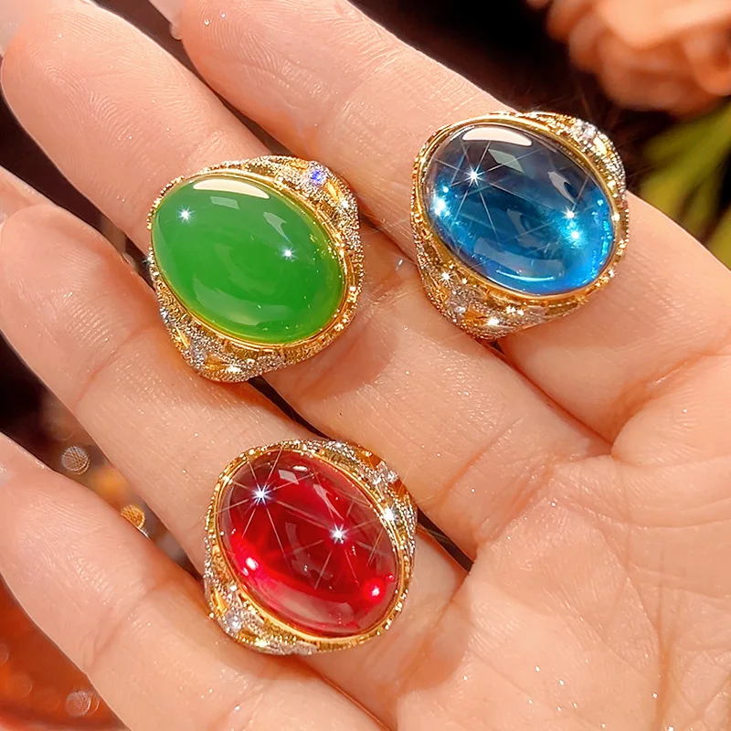 New jewelry brass blue spinel plain surface fluorescent high-end ring, main size 13*18
New jewelry brass blue spinel plain surface fluorescent high-end ring, main size 13*18