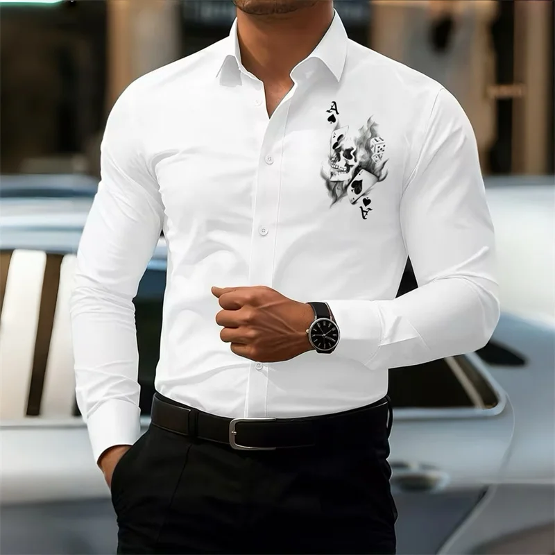 Мужская облегающая белая рубашка с длинными рукавами и принтом черепа в покер, стильная деловая рубашка, уличный повседневный мужской топ
Мужская облегающая белая рубашка с длинными рукавами и принтом черепа в покер, стильная деловая рубашка, уличный повседневный мужской топ