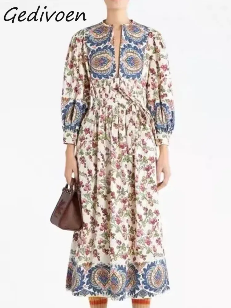Gedivoen Spring Fashion Designer Vintage Floral Print Dress Women's V Neck Three-quarter Sleeve Pleated Frenulum Slim Midi Dress
Gedivoen Spring Fashion Designer Vintage Floral Print Dress Women's V Neck Three-quarter Sleeve Pleated Frenulum Slim Midi Dress