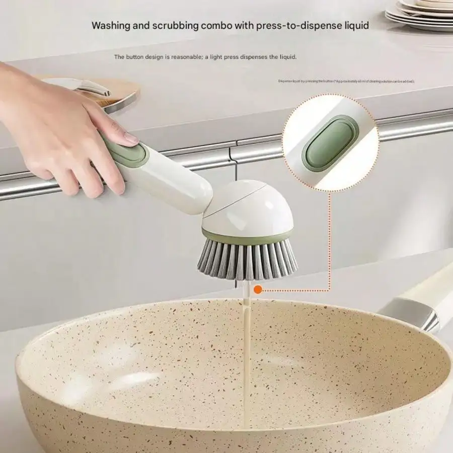 Press Dispensing Kitchen Brush, Built-In Soap Dispenser Pot Scrubber, Silicone & Nylon Bristle Dish Brush For Non-Stick Pans
Press Dispensing Kitchen Brush, Built-In Soap Dispenser Pot Scrubber, Silicone & Nylon Bristle Dish Brush For Non-Stick Pans