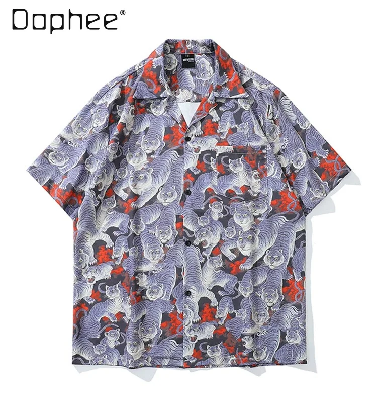 Summer Men's Amercian Retro Tiger Print Short Sleeve Shirt Casual Loose Streetwear Button Down Top for Daily Wear and Vacation
Summer Men's Amercian Retro Tiger Print Short Sleeve Shirt Casual Loose Streetwear Button Down Top for Daily Wear and Vacation