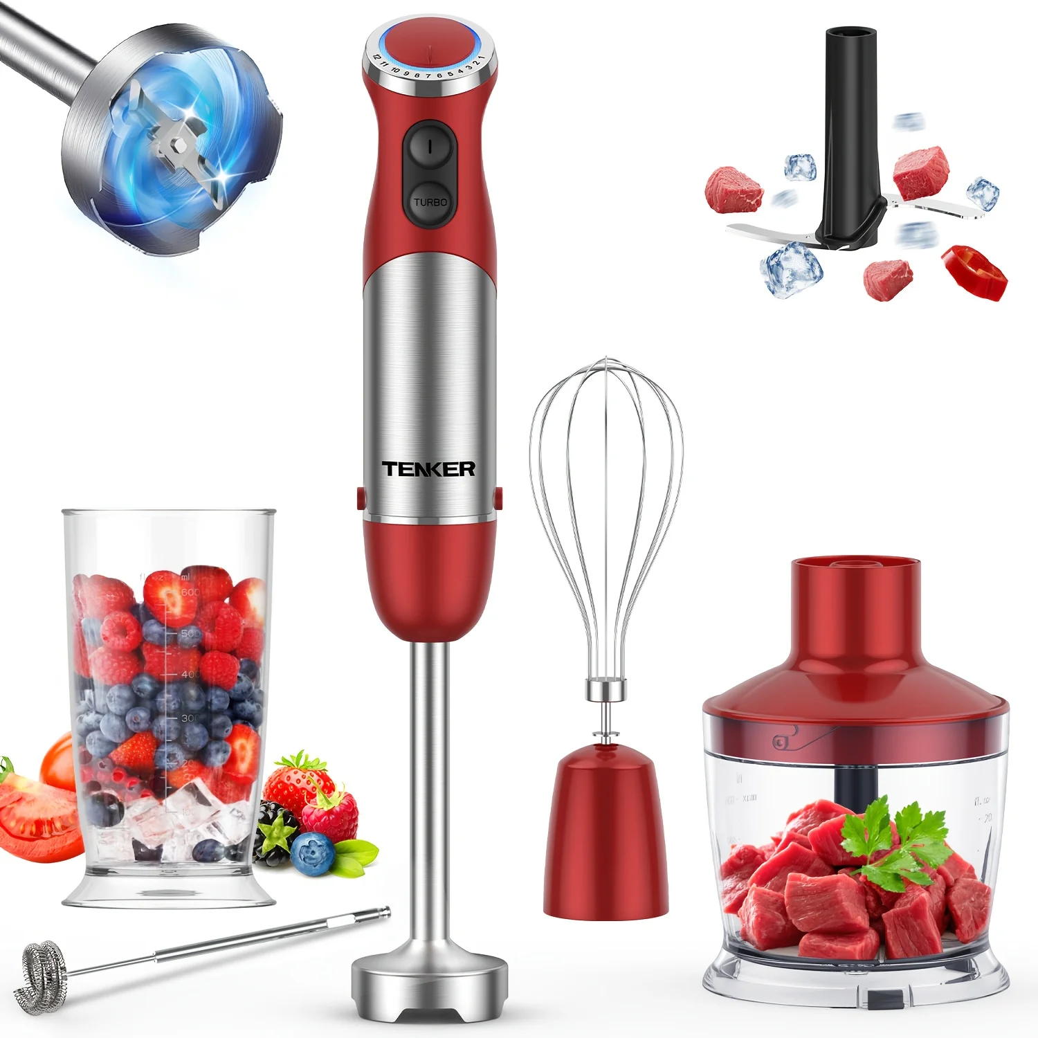 TENKER 5-In-1 Immersion Hand Blender, 12 Speed Mode Handheld Blender Stainless Steel Sitck Blender, 20.29oz Mixing Beaker, 16.91oz Chopper, Whisk And Milk Frother, for Food, Sauces, Soups, Smoothies, Puree
TENKER 5-In-1 Immersion Hand Blender, 12 Speed Mode Handheld Blender Stainless Steel Sitck Blender, 20.29oz Mixing Beaker, 16.91oz Chopper, Whisk And Milk Frother, for Food, Sauces, Soups, Smoothies, Puree