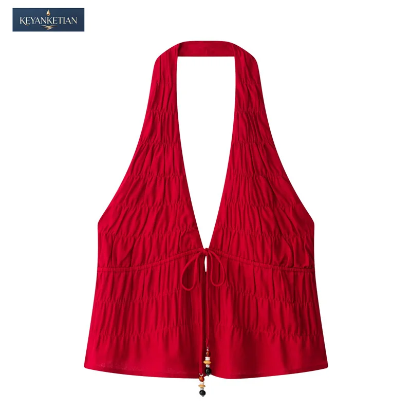 KEYANKETIAN 2026 Romantic Red Halter Blouse Ladies Deep V-Neck Ruched Drawstring Waist Bead Accent Sleeveless Summer Top Vest
KEYANKETIAN 2026 Romantic Red Halter Blouse Ladies Deep V-Neck Ruched Drawstring Waist Bead Accent Sleeveless Summer Top Vest