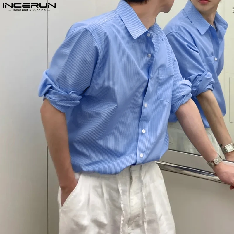 INCERUN Мужская полосатая рубашка с лацканами и длинным рукавом, свободная уличная одежда, мужская одежда, осень 2021, модные повседневные мужские рубашки в корейском стиле 
INCERUN Мужская полосатая рубашка с лацканами и длинным рукавом, свободная уличная одежда, мужская одежда, осень 2021, модные повседневные мужские рубашки в корейском стиле