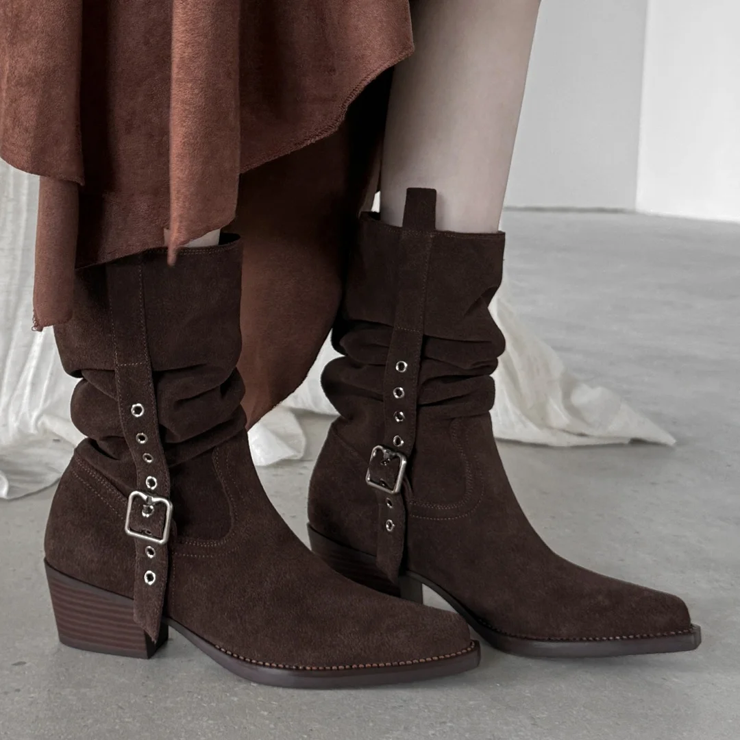 Women's natural suede leather double metal buckle pleated slip-on autumn mid-calf boots 4.5cm thick med heel casual half boots
Women's natural suede leather double metal buckle pleated slip-on autumn mid-calf boots 4.5cm thick med heel casual half boots