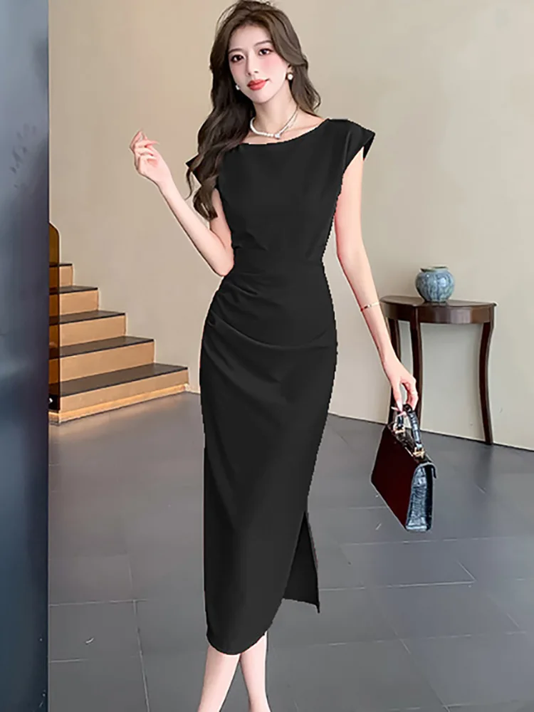Women Korean Vintage Hepburn Prom Dress Summer Black Short Sleeve Pleated Bodycon Ruffled Long Dress 2025 Elegant Luxury Dresses
Women Korean Vintage Hepburn Prom Dress Summer Black Short Sleeve Pleated Bodycon Ruffled Long Dress 2025 Elegant Luxury Dresses