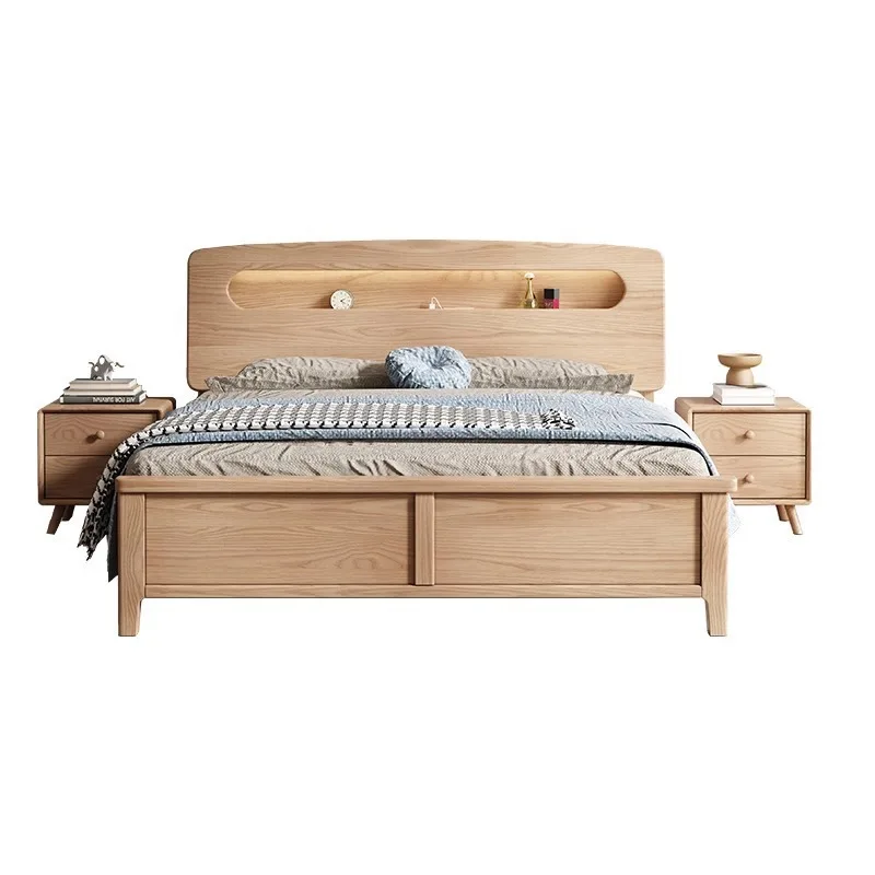 Nordic ash wood all solid wood bed with night light, rechargeable master bedroom 
Nordic ash wood all solid wood bed with night light, rechargeable master bedroom