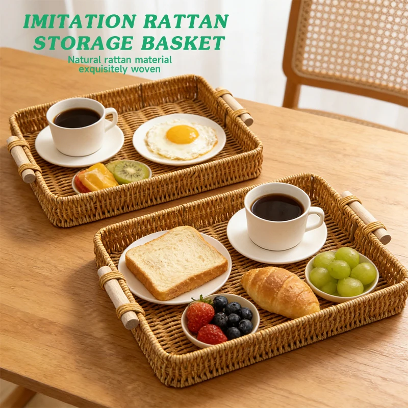 Handwoven Imitation Rattan Serving Tray Rectangular Wooden Handles For Tea Coffee Table Home Decor
Handwoven Imitation Rattan Serving Tray Rectangular Wooden Handles For Tea Coffee Table Home Decor