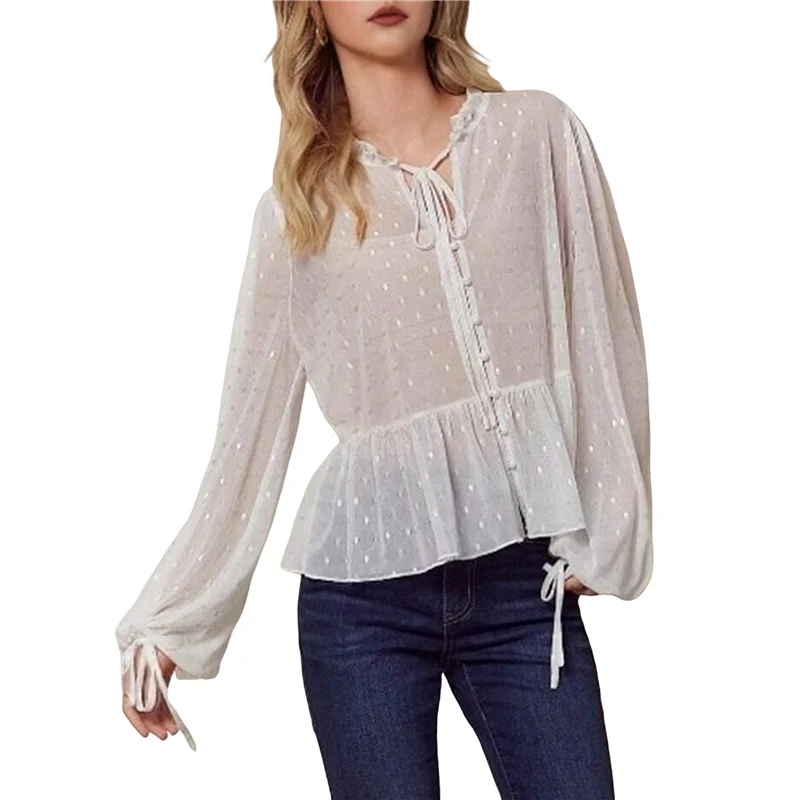 ASDS-Women's See Through Mesh Polka Dots Bow- Front Ruffle Peplum Long Sleeve Blouse
ASDS-Women's See Through Mesh Polka Dots Bow- Front Ruffle Peplum Long Sleeve Blouse