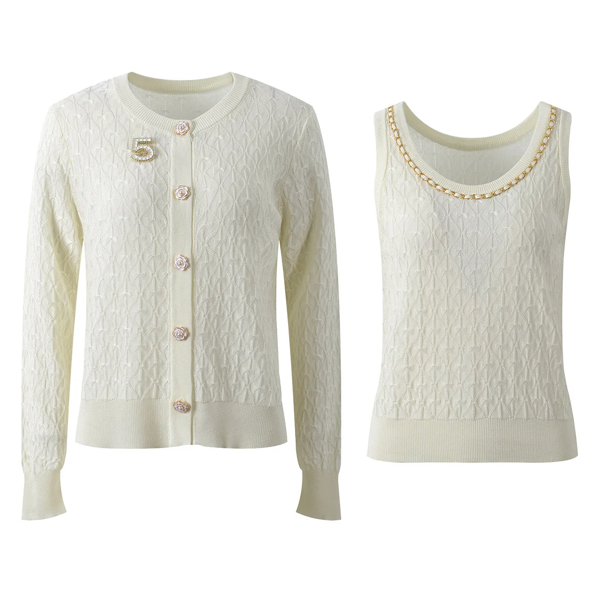 Spring Summer 2026 New Name Lady Style Knitted Cardigan Chain Decoration round Neck Sweater Vest Set Women's Long Sleeve Knit...
Spring Summer 2026 New Name Lady Style Knitted Cardigan Chain Decoration round Neck Sweater Vest Set Women's Long Sleeve Knit...