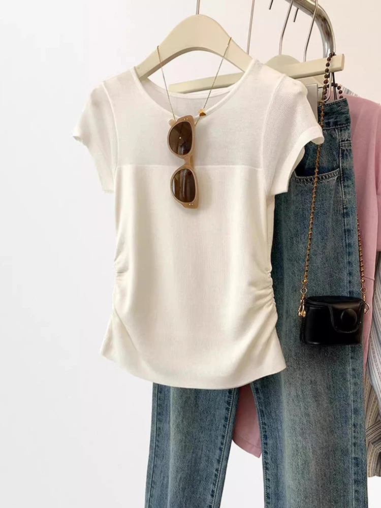 Women Summer Knitted T-shirts Fashionable Commuting Short Sleeve Casual T Shirts Solid Color Female Crop Top
Women Summer Knitted T-shirts Fashionable Commuting Short Sleeve Casual T Shirts Solid Color Female Crop Top