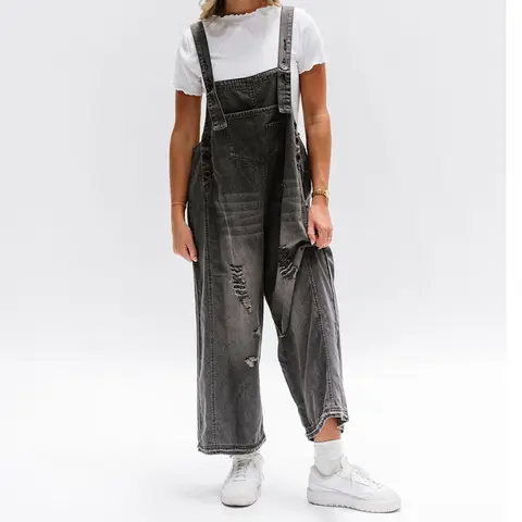 Women Vintage Denim Loose Bib Overalls Ripped Baggy Jean Jumpsuit Romper Pants with Pockets for Streetwear