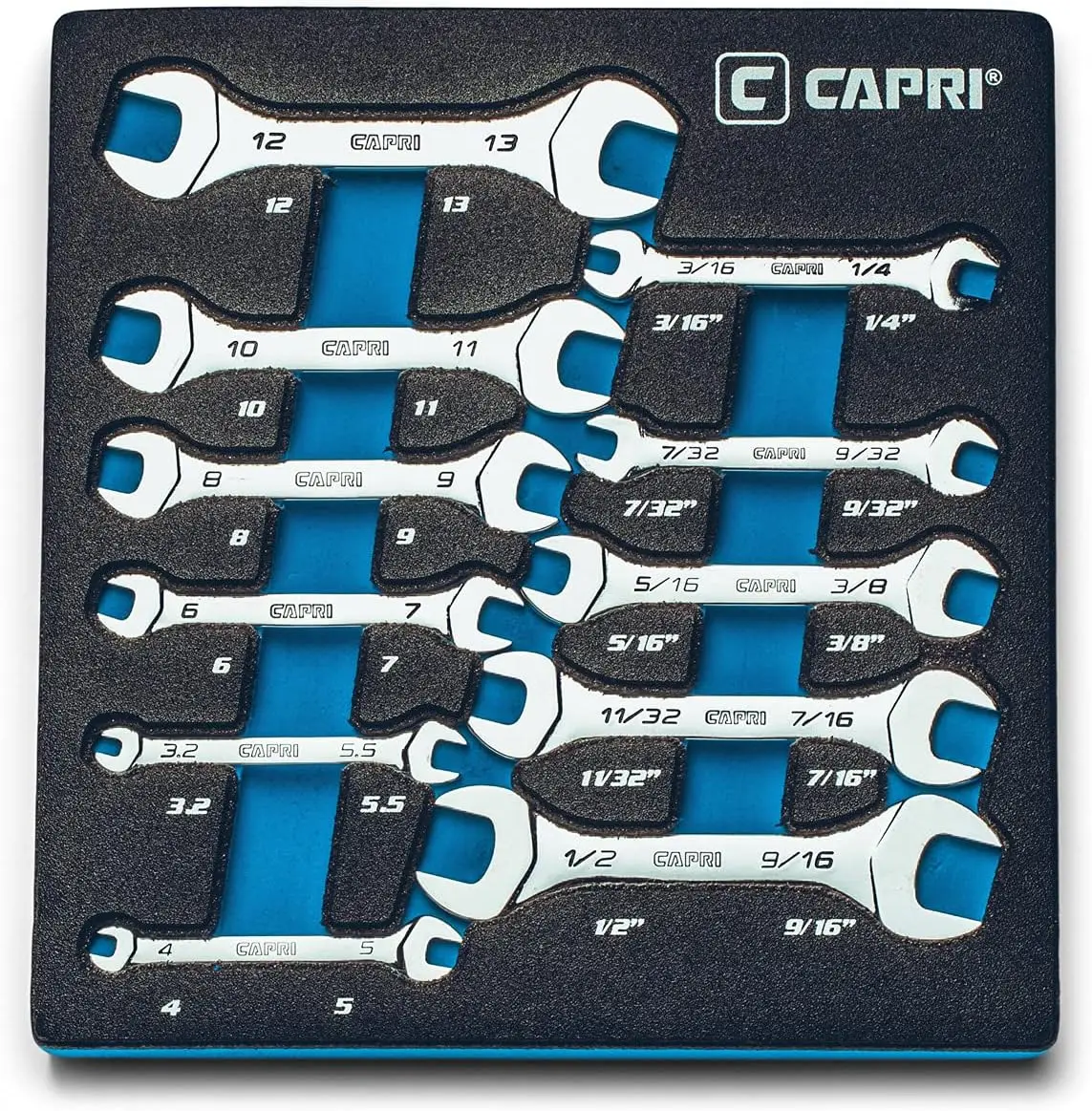 Slim Mini Open End Wrench Set with Mechanic's Tray, Metric and SAE, 3.2-13 mm and 3/16-9/16 in, 11-Piece
Slim Mini Open End Wrench Set with Mechanic's Tray, Metric and SAE, 3.2-13 mm and 3/16-9/16 in, 11-Piece