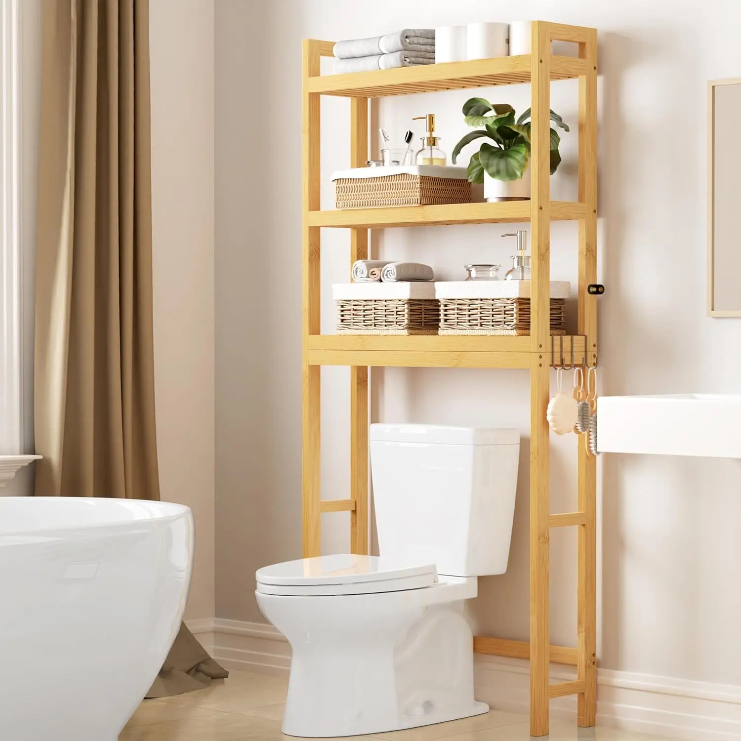 Over The Toilet Storage Cabinet, 3-Tier Bamboo Bathroom Organizers with Adjustable Shelf & 4 Hooks, Space Saving Shelf Rack f
Over The Toilet Storage Cabinet, 3-Tier Bamboo Bathroom Organizers with Adjustable Shelf & 4 Hooks, Space Saving Shelf Rack f