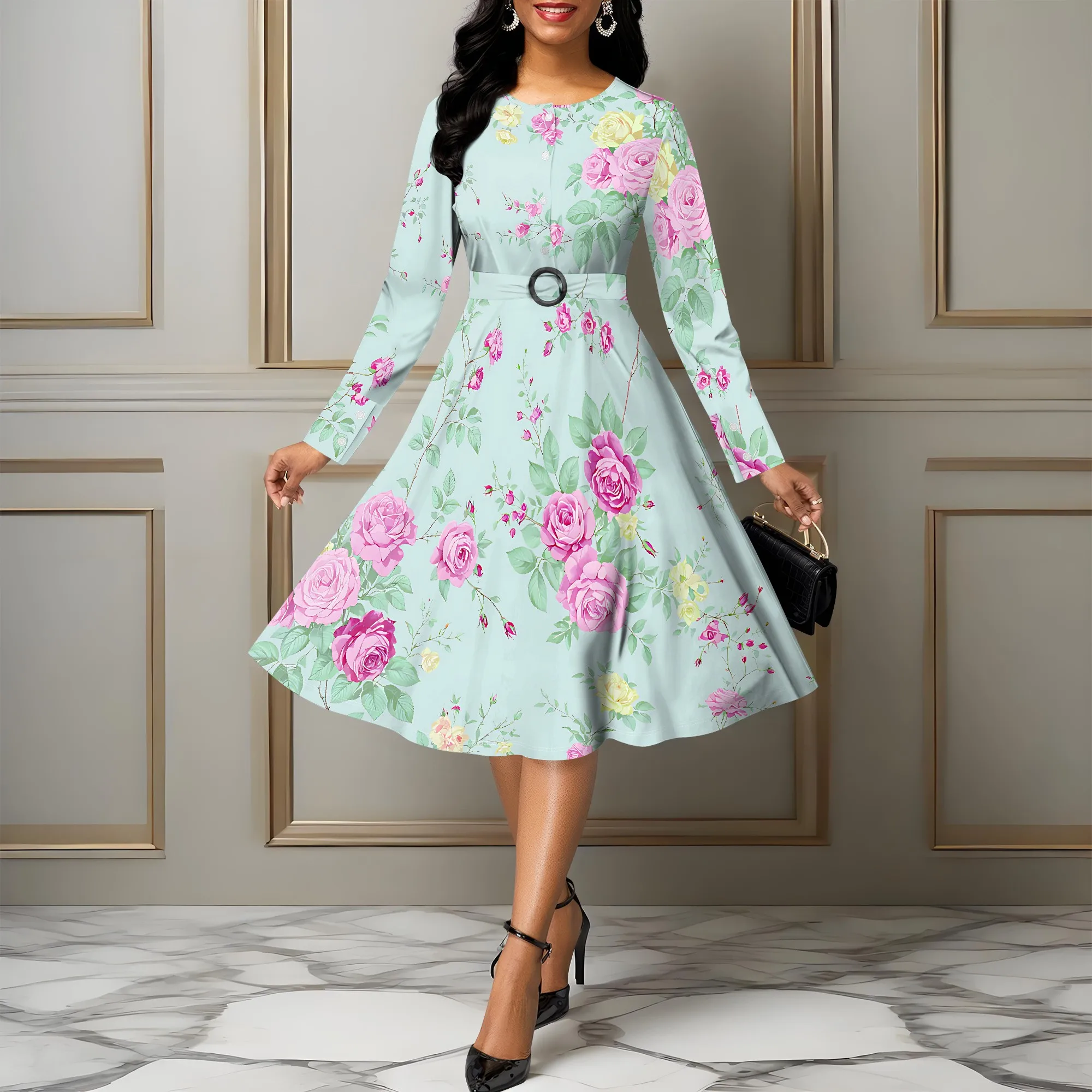 Women's Summerl Flower Print Fall Fashion Printed Long-sleeved Crew Round Neck Causl Dress Midi dresse With Belt
Women's Summerl Flower Print Fall Fashion Printed Long-sleeved Crew Round Neck Causl Dress Midi dresse With Belt