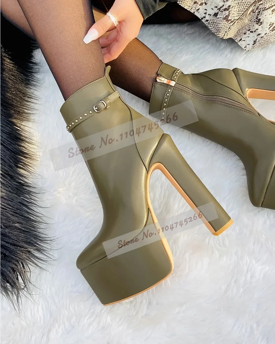 Military Green Matte Chunky Heel Platform Ankle Boots Pointed Toe Golden Button Buckle Strap Booties Block Heels Studded Shoes
Military Green Matte Chunky Heel Platform Ankle Boots Pointed Toe Golden Button Buckle Strap Booties Block Heels Studded Shoes