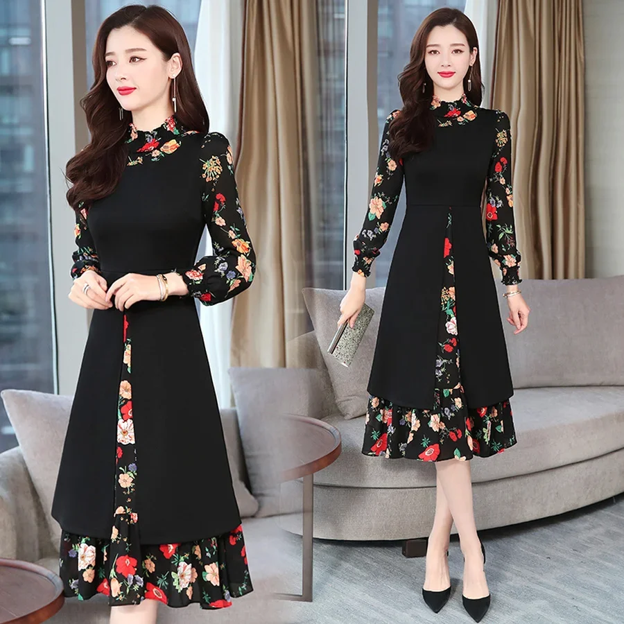 Retro Printed Chiffon Long Sleeved Dress Autumn/Winter New Casual Black Tight Mid Length Dress Elegant Women's Party E391
Retro Printed Chiffon Long Sleeved Dress Autumn/Winter New Casual Black Tight Mid Length Dress Elegant Women's Party E391