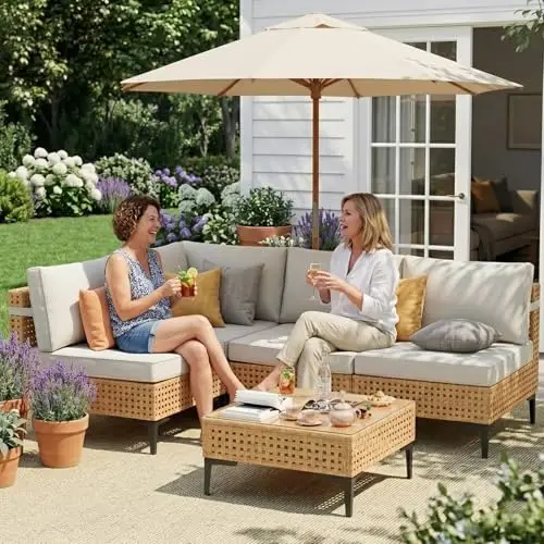 5-Piece All-Weather Wicker Outdoor Sectional With Premium Thick Cushions For Patio, Deck, Or Poolside Conversation Area
5-Piece All-Weather Wicker Outdoor Sectional With Premium Thick Cushions For Patio, Deck, Or Poolside Conversation Area