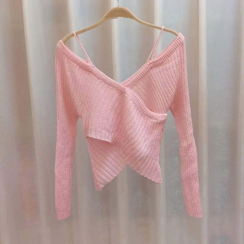 Короткая футболка нестандартной вязки для отдыха, приталенный пуловер, вязаный свитер на подтяжках, длинный рукав, v-образный вырез, укороченный топ с открытыми плечами для девочек
Короткая футболка нестандартной вязки для отдыха, приталенный пуловер, вязаный свитер на подтяжках, длинный рукав, v-образный вырез, укороченный топ с открытыми плечами для девочек