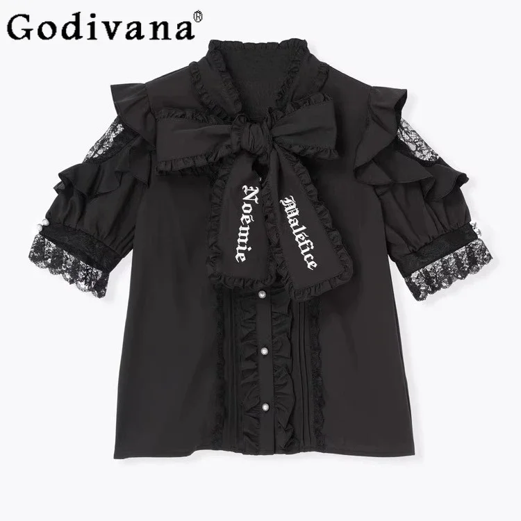 Summer Black Vintage Shirt Women's Mine Cute Bow Letter Embroidered Lace Lo Blouses Women's Loose Casual Top Camisas De Mujer
Summer Black Vintage Shirt Women's Mine Cute Bow Letter Embroidered Lace Lo Blouses Women's Loose Casual Top Camisas De Mujer