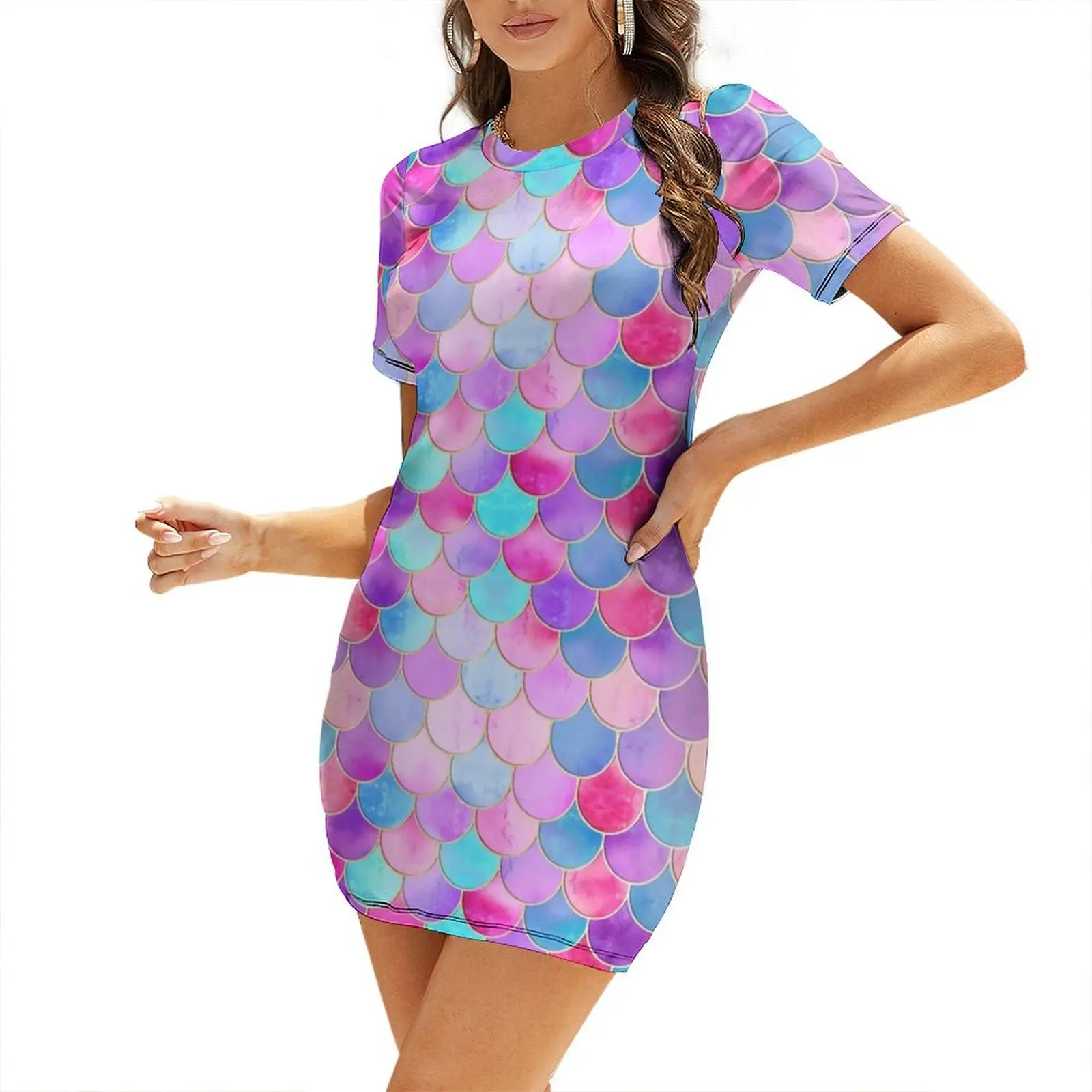 Aqua, Pink Purple & Gold Mermaid Scale Pattern Short-Sleeved Dress Women's summer suit womens dress Dress
Aqua, Pink Purple & Gold Mermaid Scale Pattern Short-Sleeved Dress Women's summer suit womens dress Dress