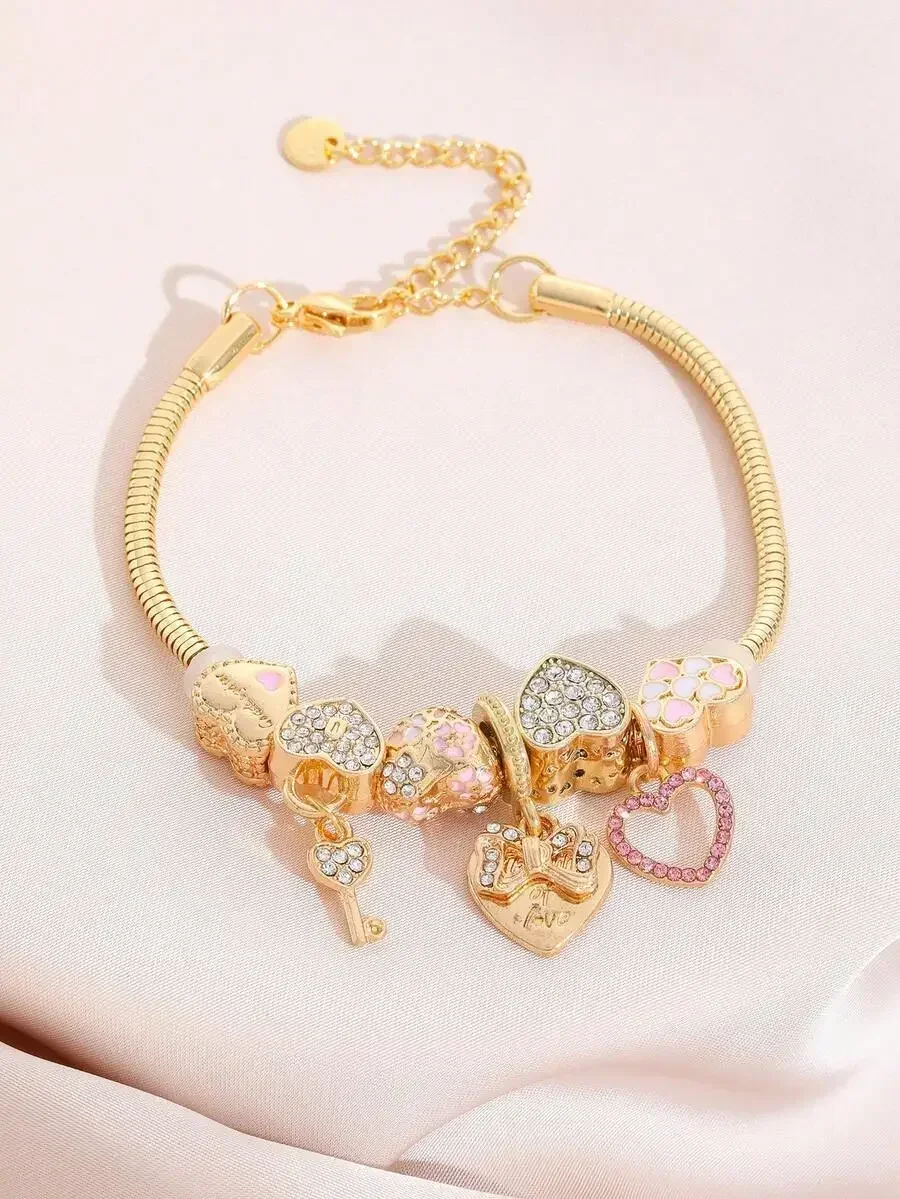 Gold Tone Stainless Steel Charm Bracelet With Heart Key Pendant Rhinestone Enamel For Women
Gold Tone Stainless Steel Charm Bracelet With Heart Key Pendant Rhinestone Enamel For Women