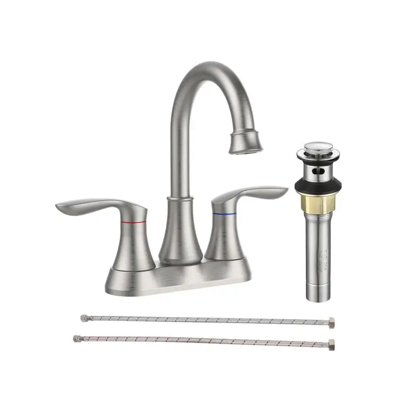 Brushed Nickel Bathroom Faucet with Pop-up Drain & Supply Hoses, Two-Handle 360° High Arc Swivel Spout, 4-Inch Centerset Vanity
Brushed Nickel Bathroom Faucet with Pop-up Drain & Supply Hoses, Two-Handle 360° High Arc Swivel Spout, 4-Inch Centerset Vanity
