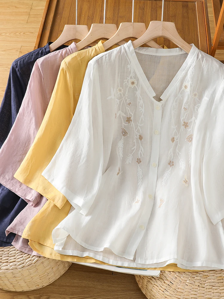 Artistic Embroidered Shirt Summer V-Neck Short Sleeve Loose Fit Thin Linen Material Women's plus Size Casual Top
Artistic Embroidered Shirt Summer V-Neck Short Sleeve Loose Fit Thin Linen Material Women's plus Size Casual Top