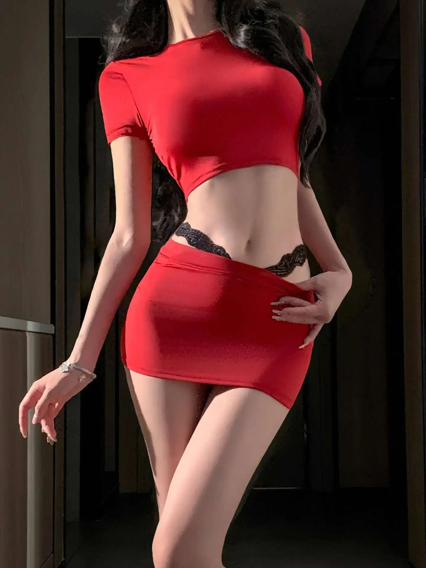 Sexy Lace Mini Skirt Sets Women's Slim Fit Waist Short Skirt Sets Charming Short Sleeves Expose The Navel Pure Desire Thin AR0A
Sexy Lace Mini Skirt Sets Women's Slim Fit Waist Short Skirt Sets Charming Short Sleeves Expose The Navel Pure Desire Thin AR0A