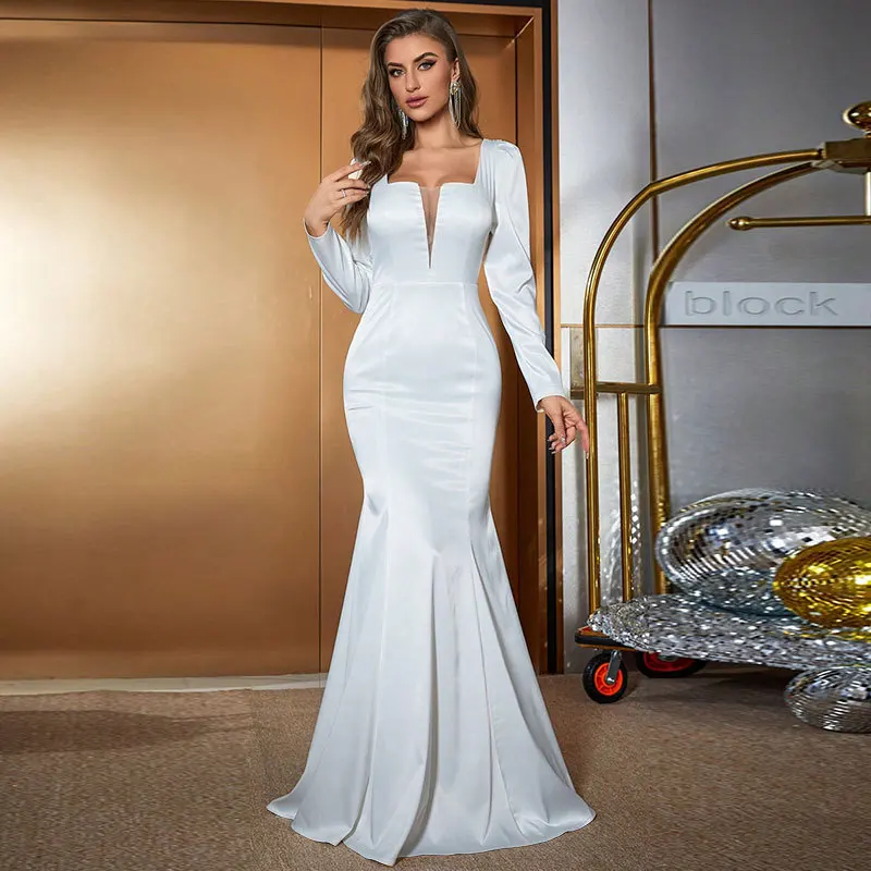 Simple white slim-fitting dress dress V-neck long-sleeved long dress New atmosphere classic temperament high-end women's clothin
Simple white slim-fitting dress dress V-neck long-sleeved long dress New atmosphere classic temperament high-end women's clothin