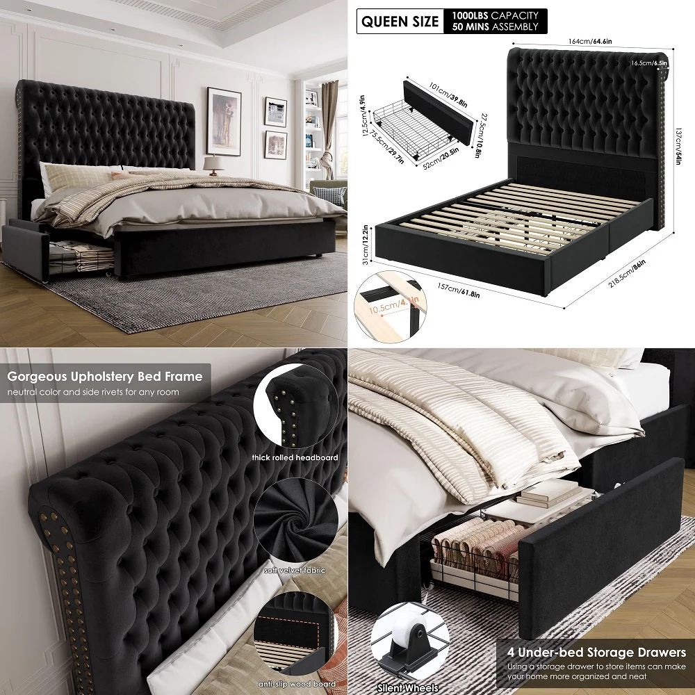 Size Bed Frame 54 Tall Headboard with Gorgeous Button Tufted and Nail, Velvet Fabric Upholstered Bed Frame includes 4 Underbed
Size Bed Frame 54 Tall Headboard with Gorgeous Button Tufted and Nail, Velvet Fabric Upholstered Bed Frame includes 4 Underbed