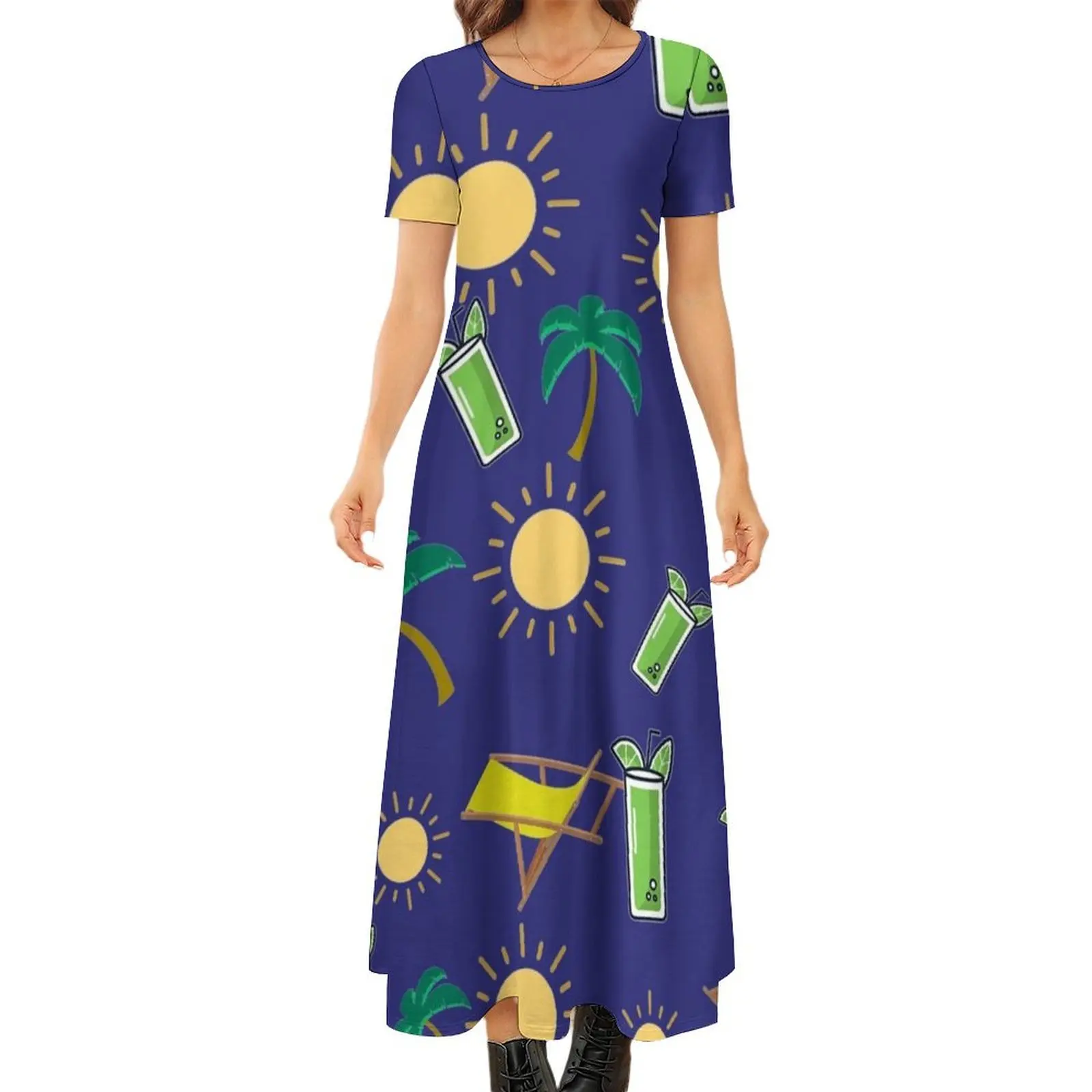 holiday pattern, sun, palm tree, cocktail and lounge chair Round Neck Short Sleeve Dress Aesthetic clothing
holiday pattern, sun, palm tree, cocktail and lounge chair Round Neck Short Sleeve Dress Aesthetic clothing