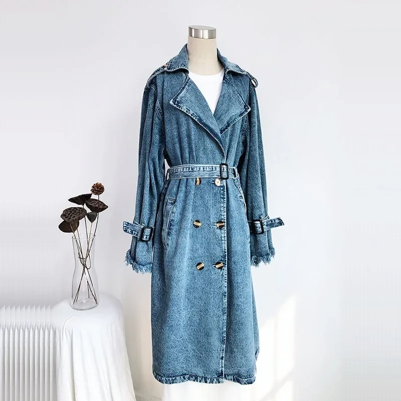 Spring Autumn Women Mid-length Denim Trench Coat With Belt Frayed Burrs Long Sleeve Loose Casual Blue Jeans Windbreaker Overcoat
Spring Autumn Women Mid-length Denim Trench Coat With Belt Frayed Burrs Long Sleeve Loose Casual Blue Jeans Windbreaker Overcoat
