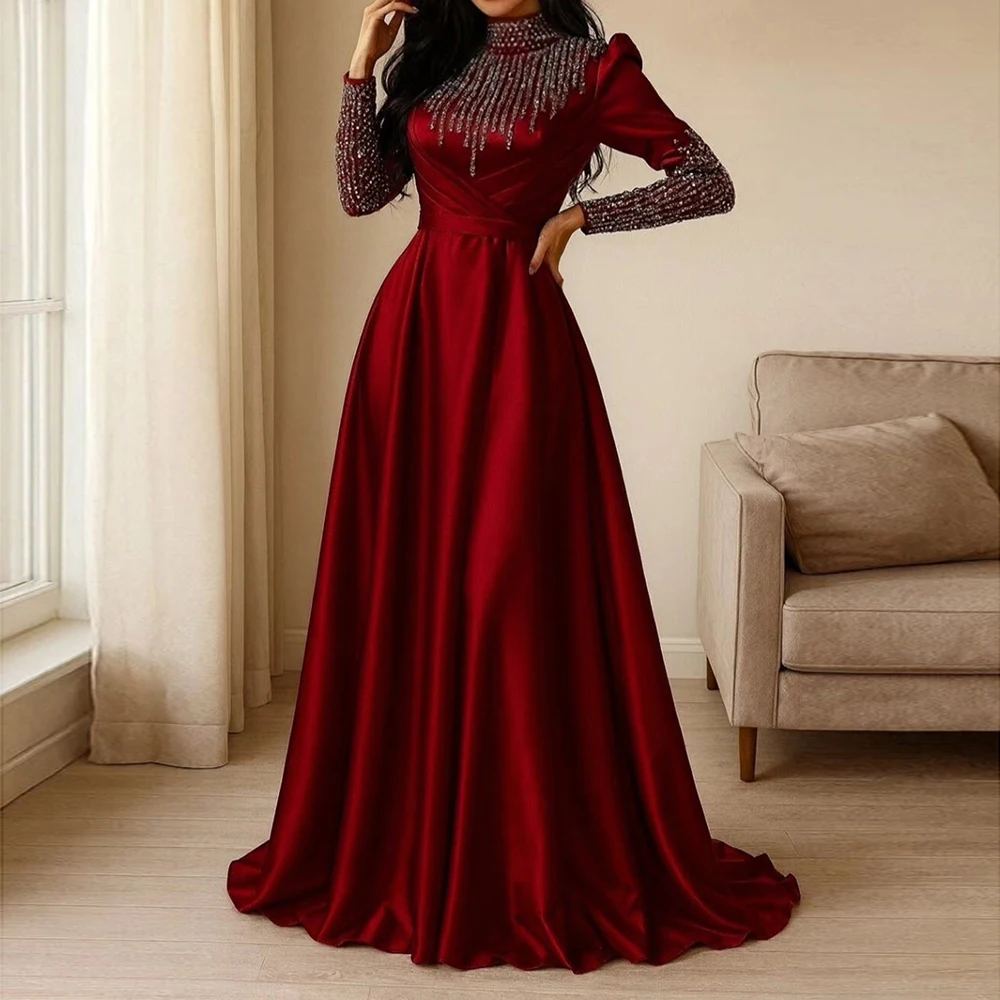 Вечерние платья трапециевидной формы по индивидуальному заказу, длиной до пола, с высоким воротником и длинными рукавами, платье для выпускного вечера, модное плиссированное платье с блестками, простое драпированное вечернее платье
Вечерние платья трапециевидной формы по индивидуальному заказу, длиной до пола, с высоким воротником и длинными рукавами, платье для выпускного вечера, модное плиссированное платье с блестками, простое драпированное вечернее платье