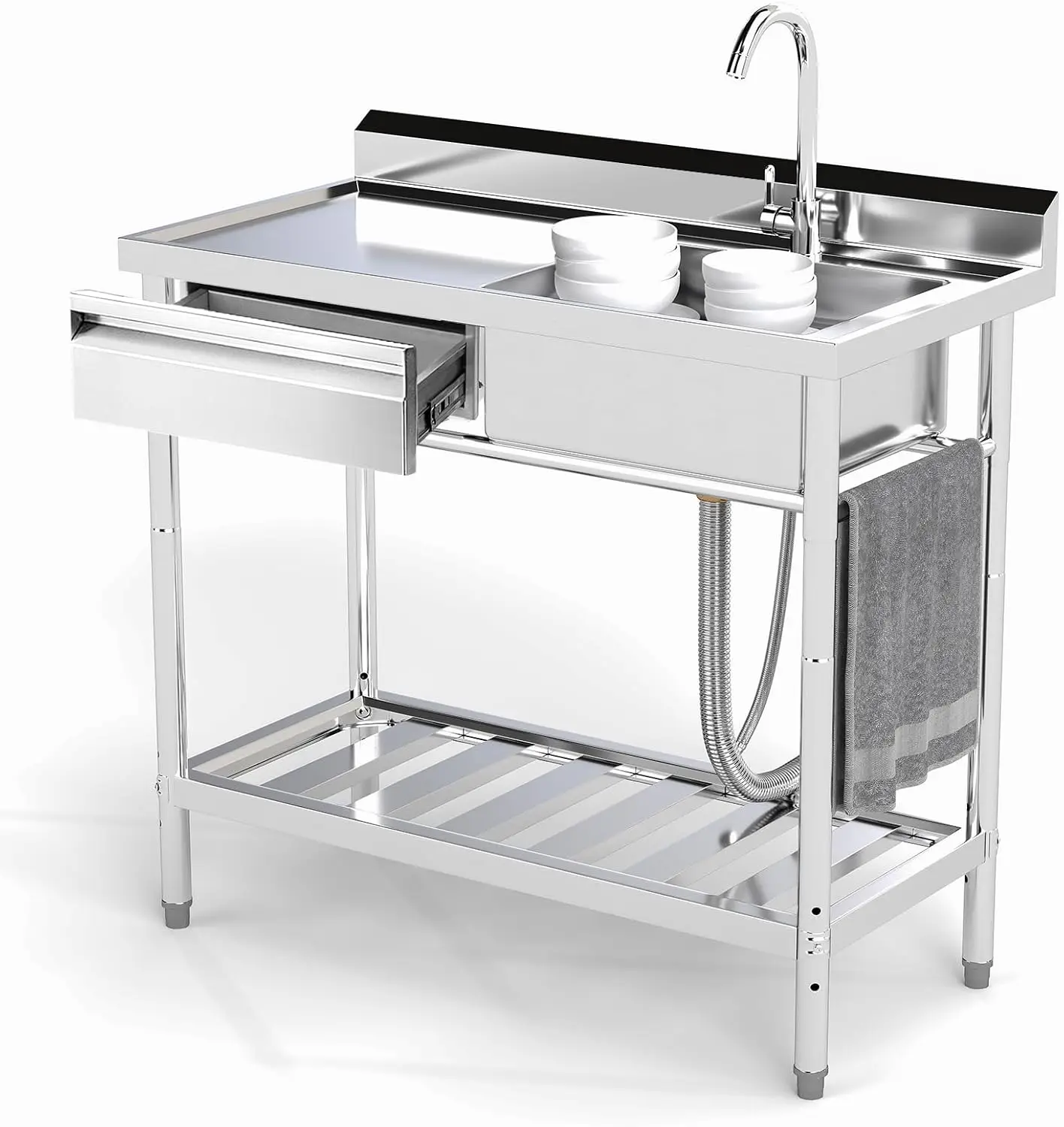 Отдельностоящая одинарная мойка из нержавеющей стали 39 дюймов с выдвижным ящиком и трубами для холодной и горячей воды для использования внутри и снаружи помещений, для прачечной
Отдельностоящая одинарная мойка из нержавеющей стали 39 дюймов с выдвижным ящиком и трубами для холодной и горячей воды для использования внутри и снаружи помещений, для прачечной