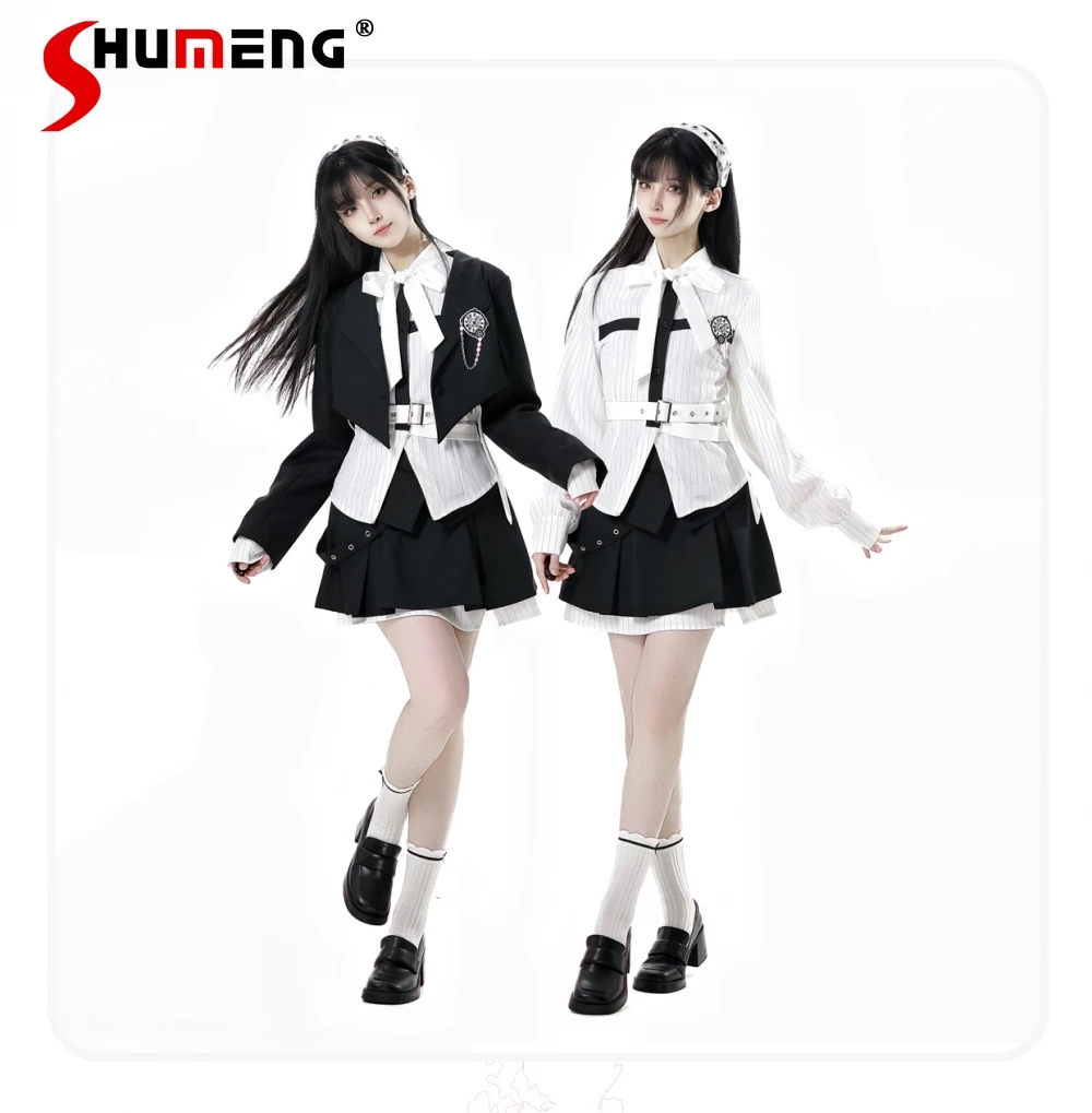 Preppy Style Sweet Cool Girl Outfit Irregular Short Jacket Striped Long Sleeve Slim Shirt High Waist A-line Splicing Skirt Women
Preppy Style Sweet Cool Girl Outfit Irregular Short Jacket Striped Long Sleeve Slim Shirt High Waist A-line Splicing Skirt Women