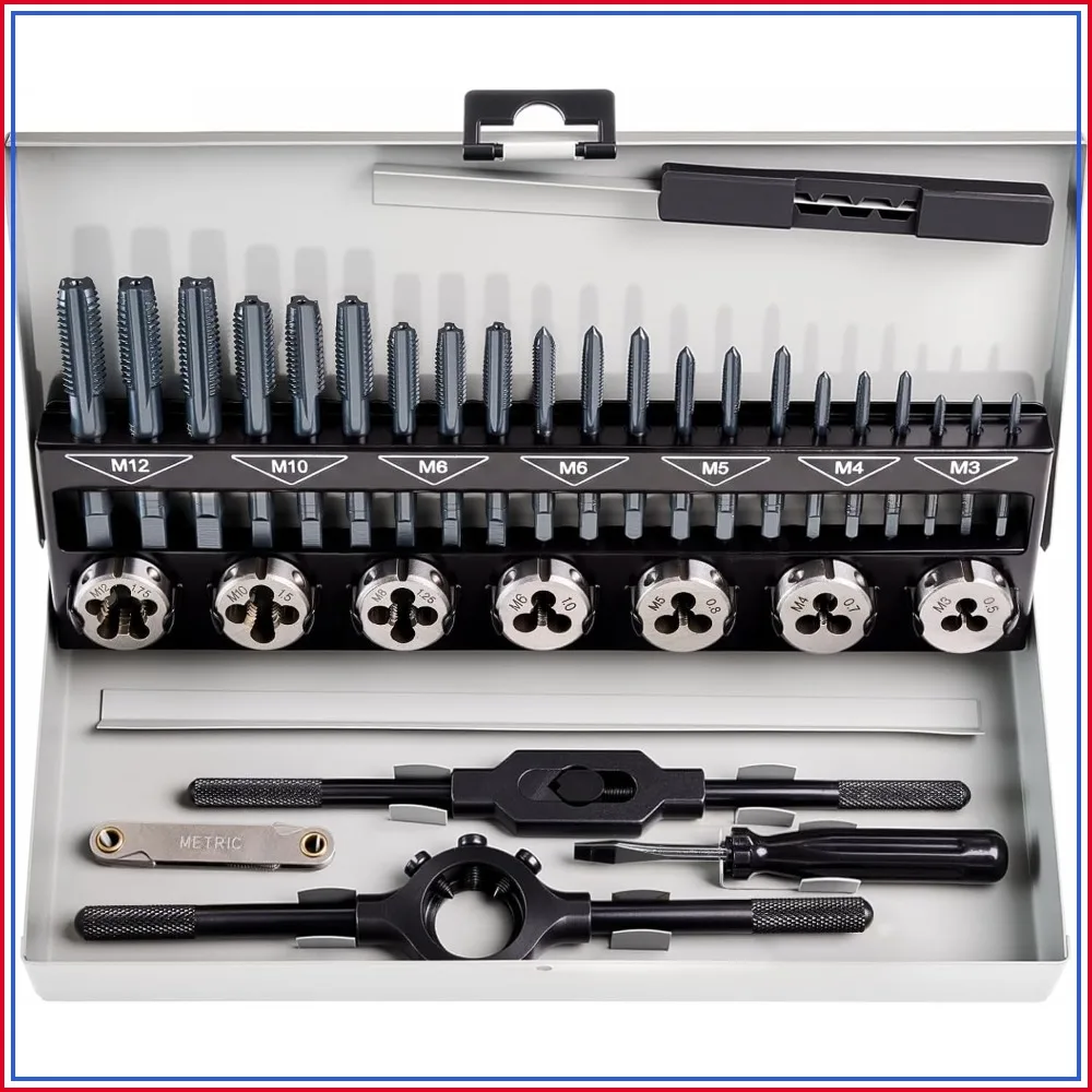 Professional Tap and Die Set, HSS Nitrided Taps, 3-Piece Progressive Design for Blind Holes, Heavy-Duty Metric Threading Tool Kit for Mechanics & Mold Repair
Professional Tap and Die Set, HSS Nitrided Taps, 3-Piece Progressive Design for Blind Holes, Heavy-Duty Metric Threading Tool Kit for Mechanics & Mold Repair