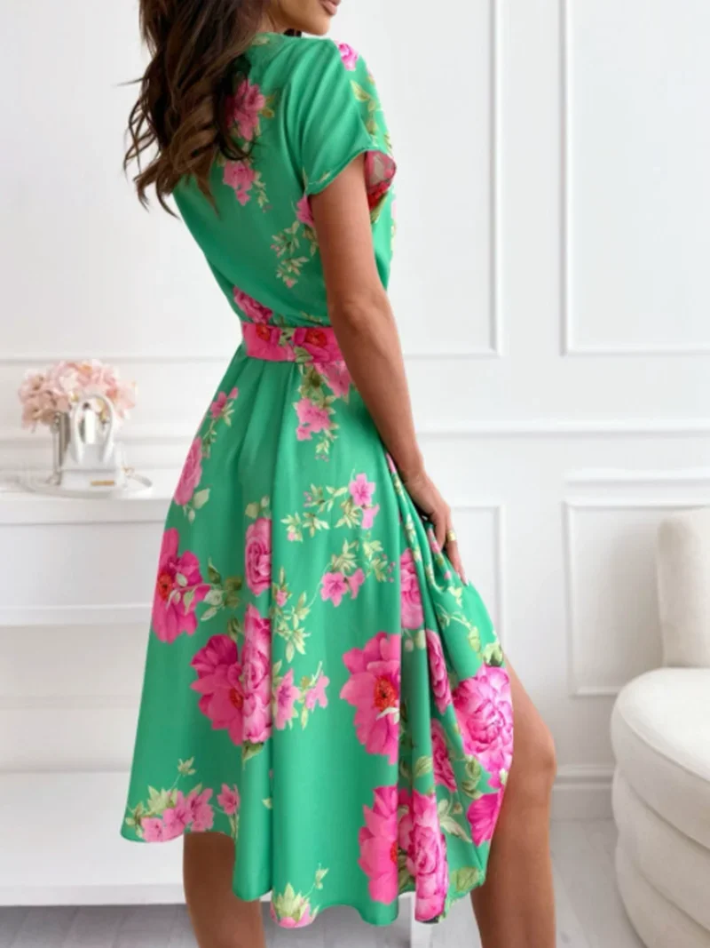 Summer Women's Fashion Flower Print Short Sleeved Dress Elegant V-neck Button Belt Leisure Vacation Dress
Summer Women's Fashion Flower Print Short Sleeved Dress Elegant V-neck Button Belt Leisure Vacation Dress