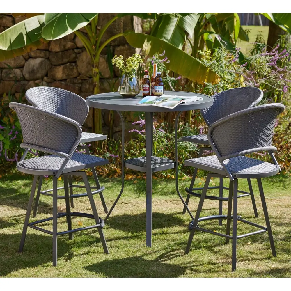 Patio 5 Pieces Outdoor Bar Set, 37 Round Bar Height Table with Umbrella Hole and 4 Swivel Rattan Chairs for Lawn, Garden, Pools
Patio 5 Pieces Outdoor Bar Set, 37 Round Bar Height Table with Umbrella Hole and 4 Swivel Rattan Chairs for Lawn, Garden, Pools