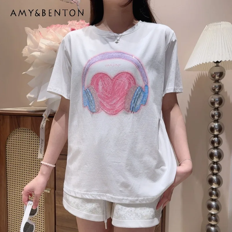 Heavy Industry Love Headphones Short Sleeves T-shirts Women's Loose Casual Sweet Tops Summer New Arrival O-neck Pullover T Shirt
Heavy Industry Love Headphones Short Sleeves T-shirts Women's Loose Casual Sweet Tops Summer New Arrival O-neck Pullover T Shirt