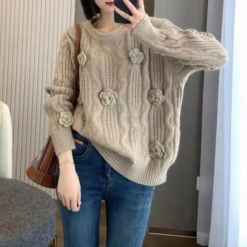 Female Clothing Vintage Solid Color Sweaters Fashion Rose Three-dimensional Decoration Autumn Winter O Neck Knitted Jumpers N05
Female Clothing Vintage Solid Color Sweaters Fashion Rose Three-dimensional Decoration Autumn Winter O Neck Knitted Jumpers N05